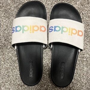 Adidas Black Slides with Colorful Logo